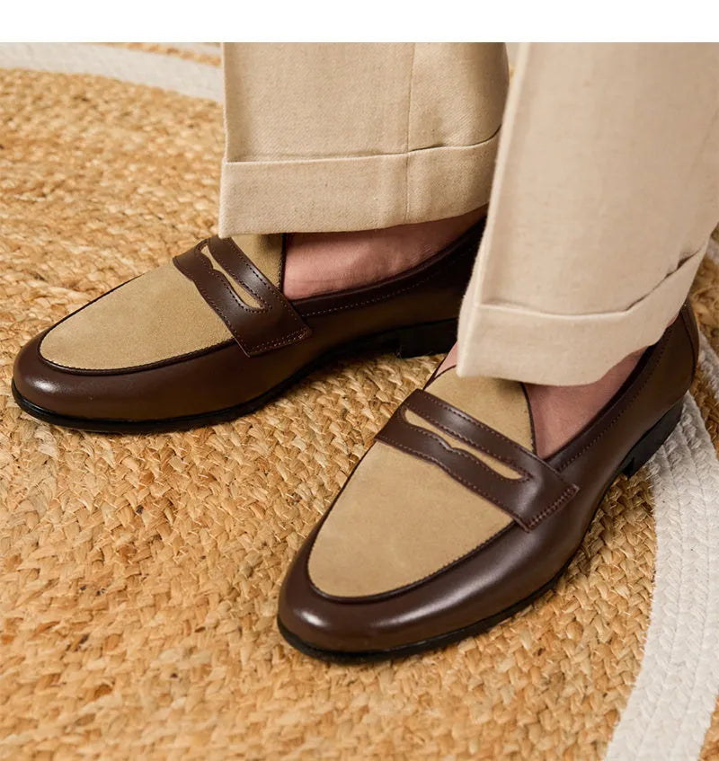 Coffee grey British style loafers with suede leather uppers and slip-on design