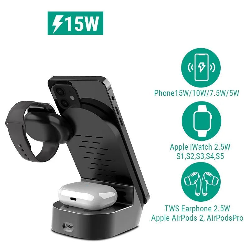 Black grey foldable 3-in-1 wireless charging vertical stand for mobile phone, Apple Watch, and earbuds.