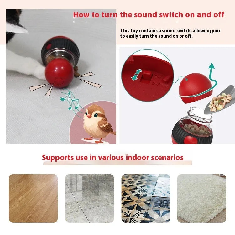 Rotating plastic cat toy with funny sounds and food dropping function, super ball colour, 155mm size