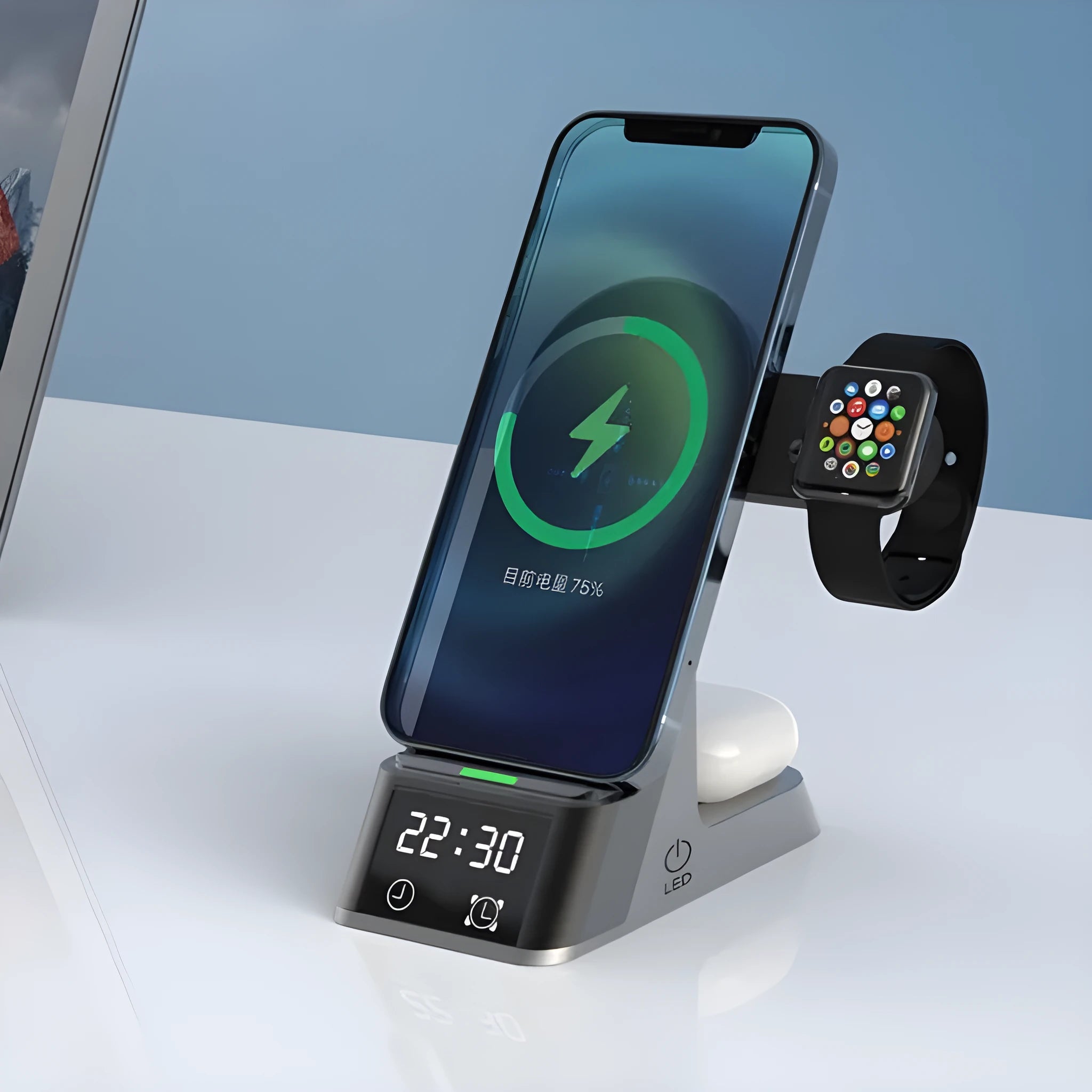 Black six-in-one wireless charger alarm clock with Type-C input charging Apple Watch and phone on desk