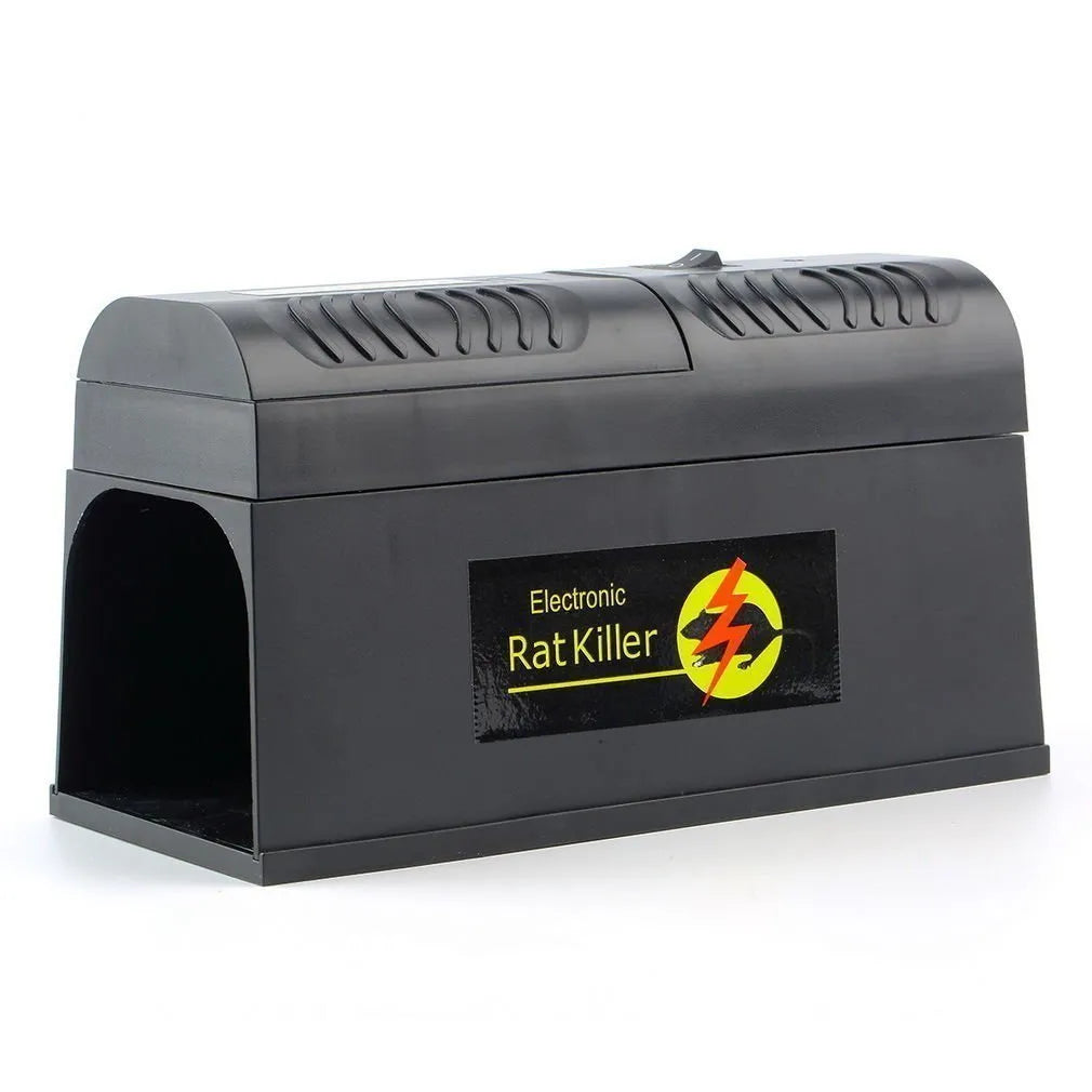 Black high voltage trigger rodent killer electric trap measuring 208x115x75mm with plug options