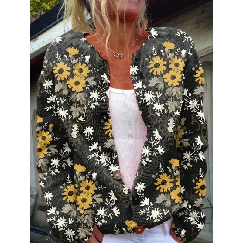 Yellow digital printing cardigan knitted coat with 3D stereo pattern design