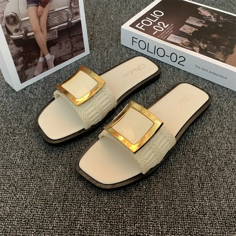 Women's casual summer flat slippers in apricot, black, or khaki with a non-slip PVC sole.