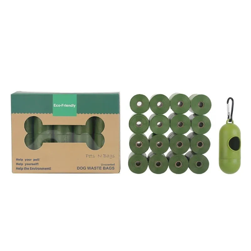 Rolls of green and black EPI degradable thickening pet waste bags with a dispenser.