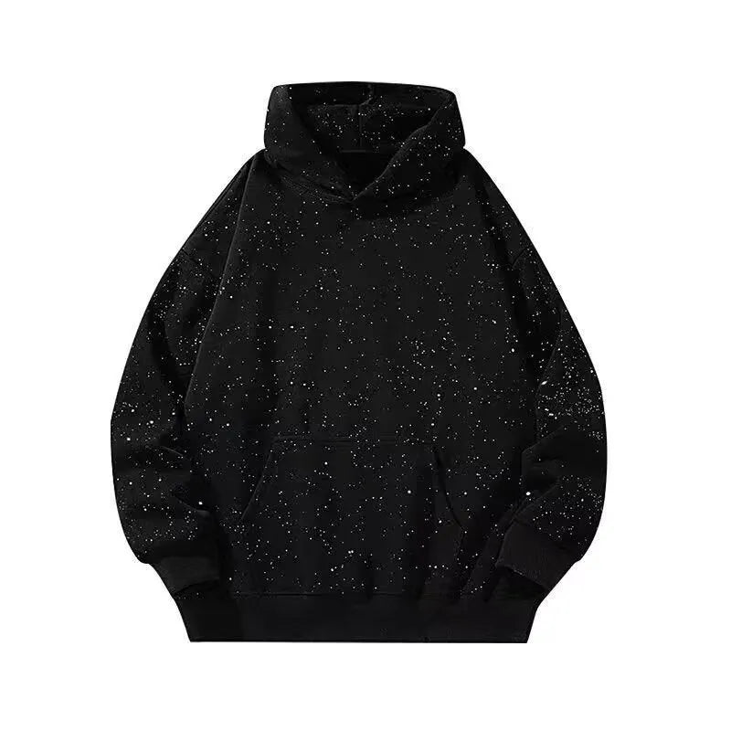 Loose-fit black hooded sweater with starry letter print for men and women