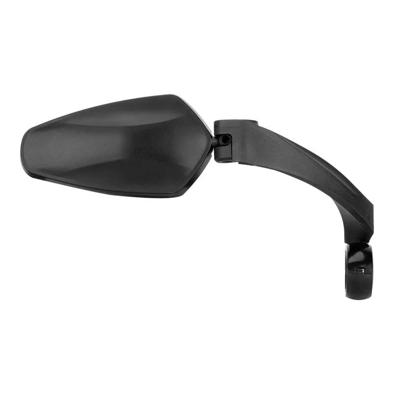 Black rotatable bicycle rearview mirror made of PMMA acrylic for mountain and road bike safety.