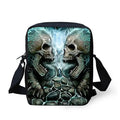 Medium-sized black children's messenger bag with a white skull pattern and double shoulder straps.