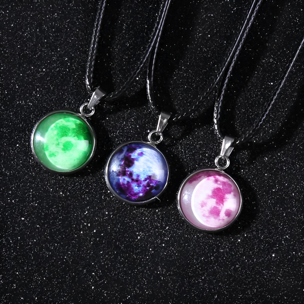 Christmas moon night sky luminous alloy pendant necklace with constellation design in glass and coloured glaze