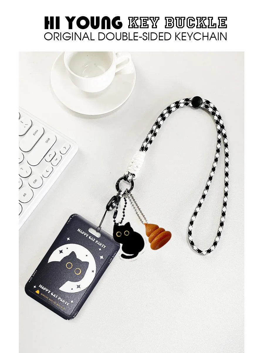 Cartoon black cat plastic card sleeve holder with ferrule pendant for bus and student cards