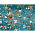 Blue abstract floral painting with birds on 40x50cm linen canvas, unframed hand-painted artwork