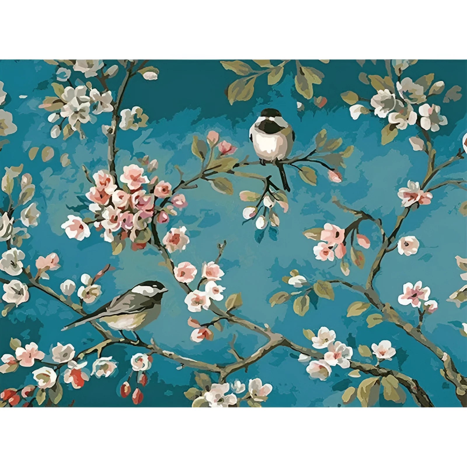 Blue abstract floral painting with birds on 40x50cm linen canvas, unframed hand-painted artwork