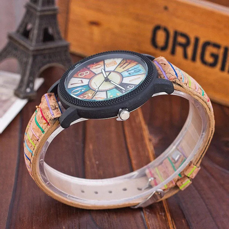 Women's vintage style quartz watch with brown leather strap and 37mm round dial