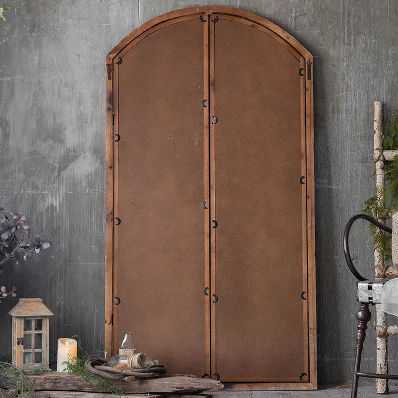 Terrace distressed log colour wooden framed fake window wall mirror, A316 style.