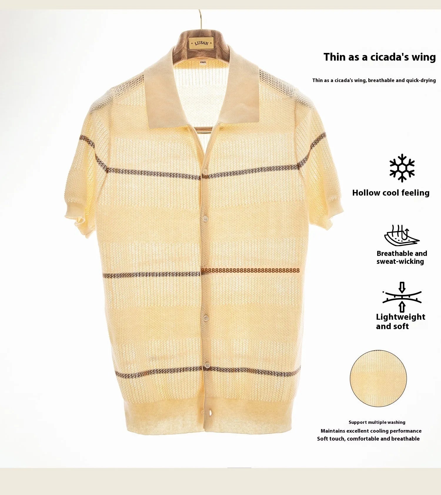 Camel coloured lapel collar short sleeve knitted cardigan made from linen and cotton blend fabric.