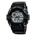 Waterproof multifunctional electronic sports watch with round dial and plastic strap in five colour options
