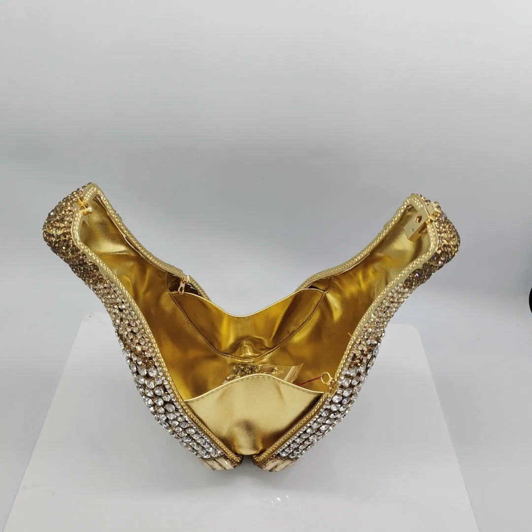 Gold champagne bottle-shaped hard shell evening clutch bag with rhinestone decoration and synthetic leather lining