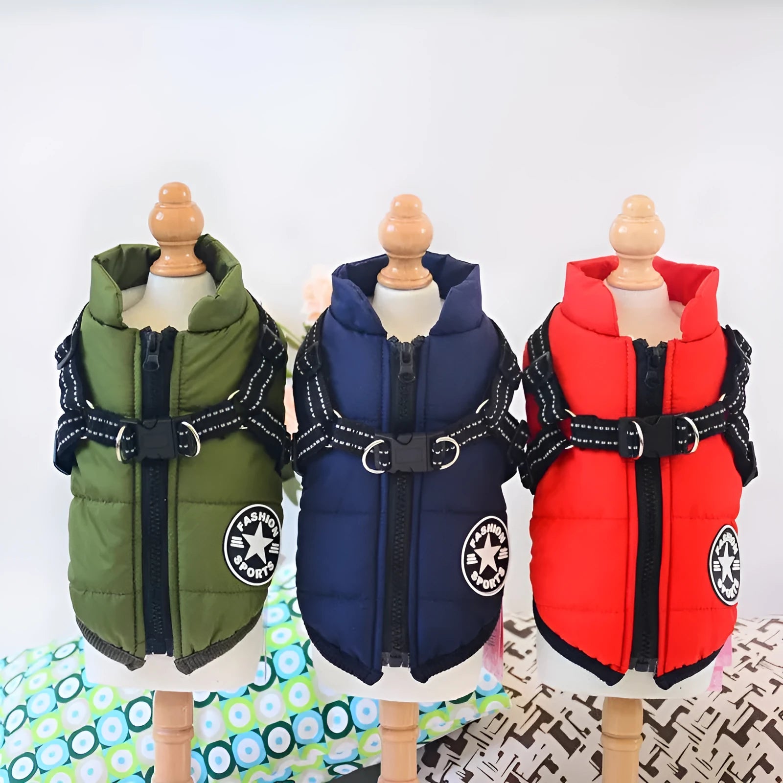Waterproof dog coat with harness opening in red colour on large breed dog
