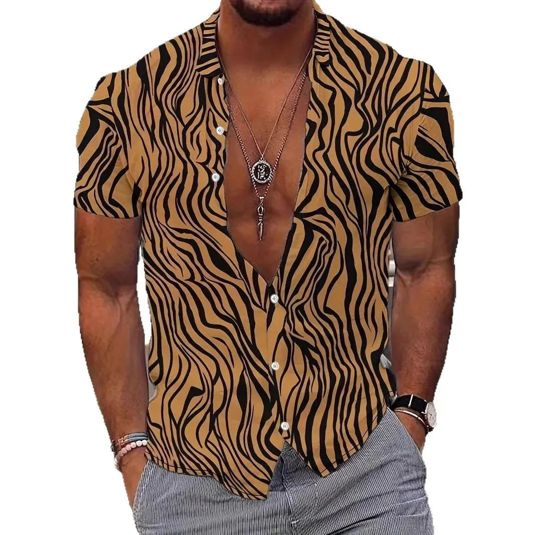 Men's geometric printed short sleeve shirt with lapel collar in slim fit for summer wear