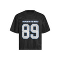 Loose-fit black and white t-shirt with alphanumeric printing, short sleeves, casual leisure wear