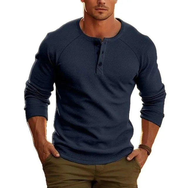 Men's white Henry collar long-sleeved cotton blend t-shirt laid flat.
