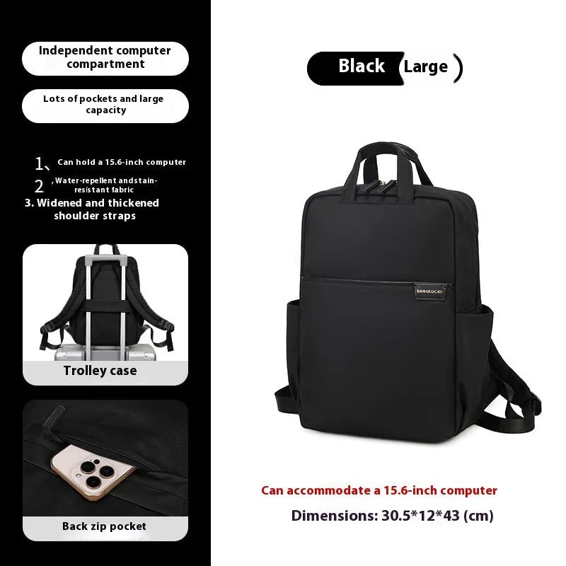 Women's large capacity canvas travel backpack in apricot colour showing external pockets and internal laptop compartment.