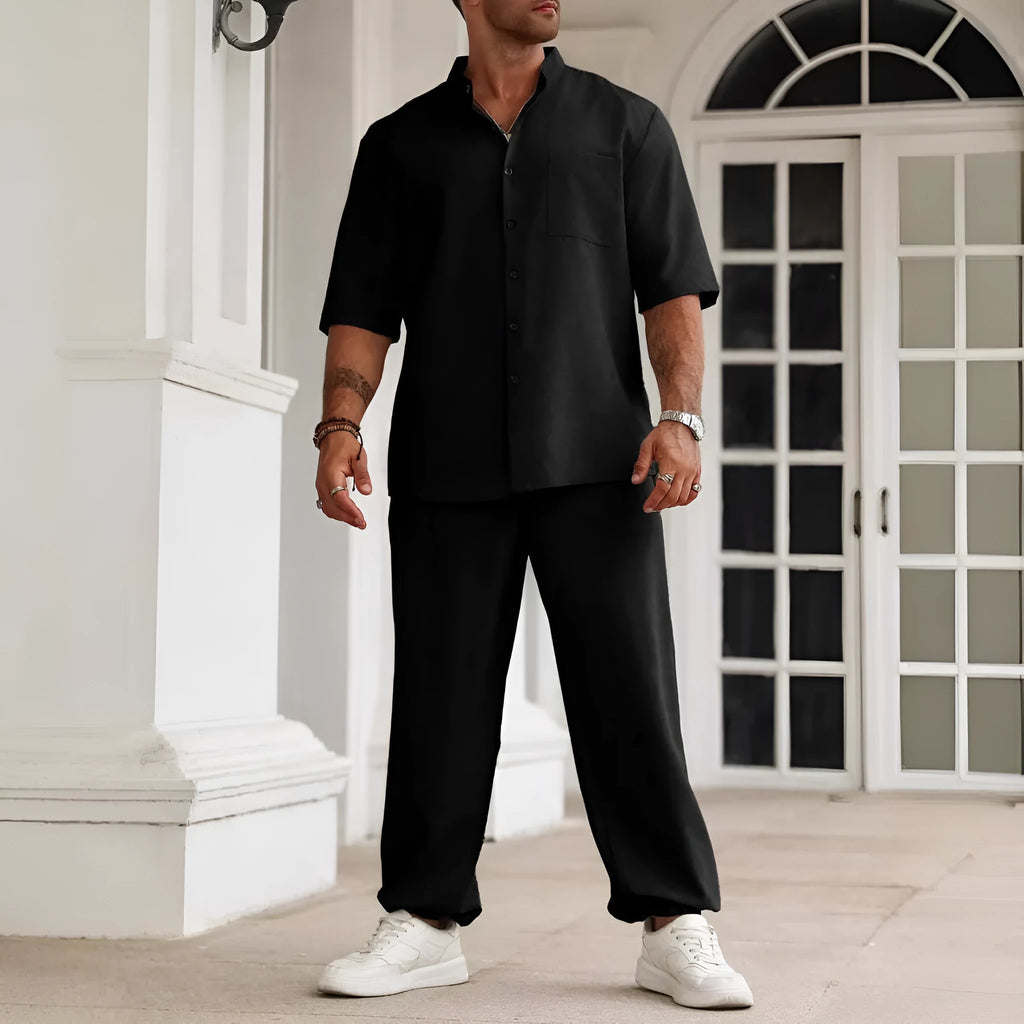 Men's casual apricot cotton linen short-sleeve shirt and trousers set laid flat.