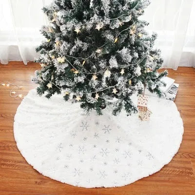 Christmas tree skirt with silver sequin embroidery Christmas tree design on white background