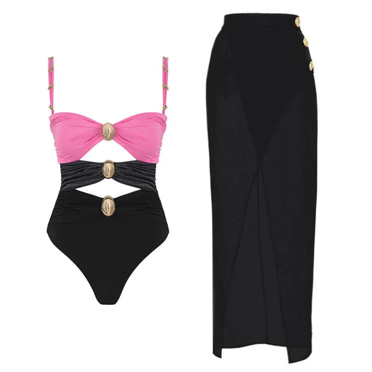 Women's solid-colour one-piece swimsuit with gold buttons and a matching skirt in assorted colours.