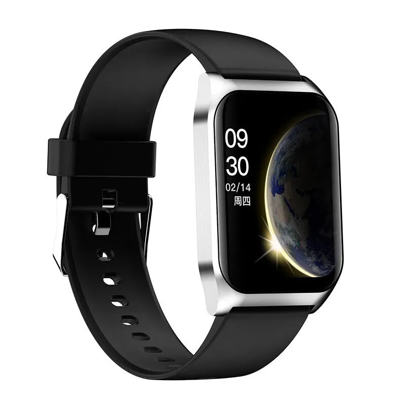 Black smart watch with 1.69-inch touchscreen display showing heart rate monitoring interface
