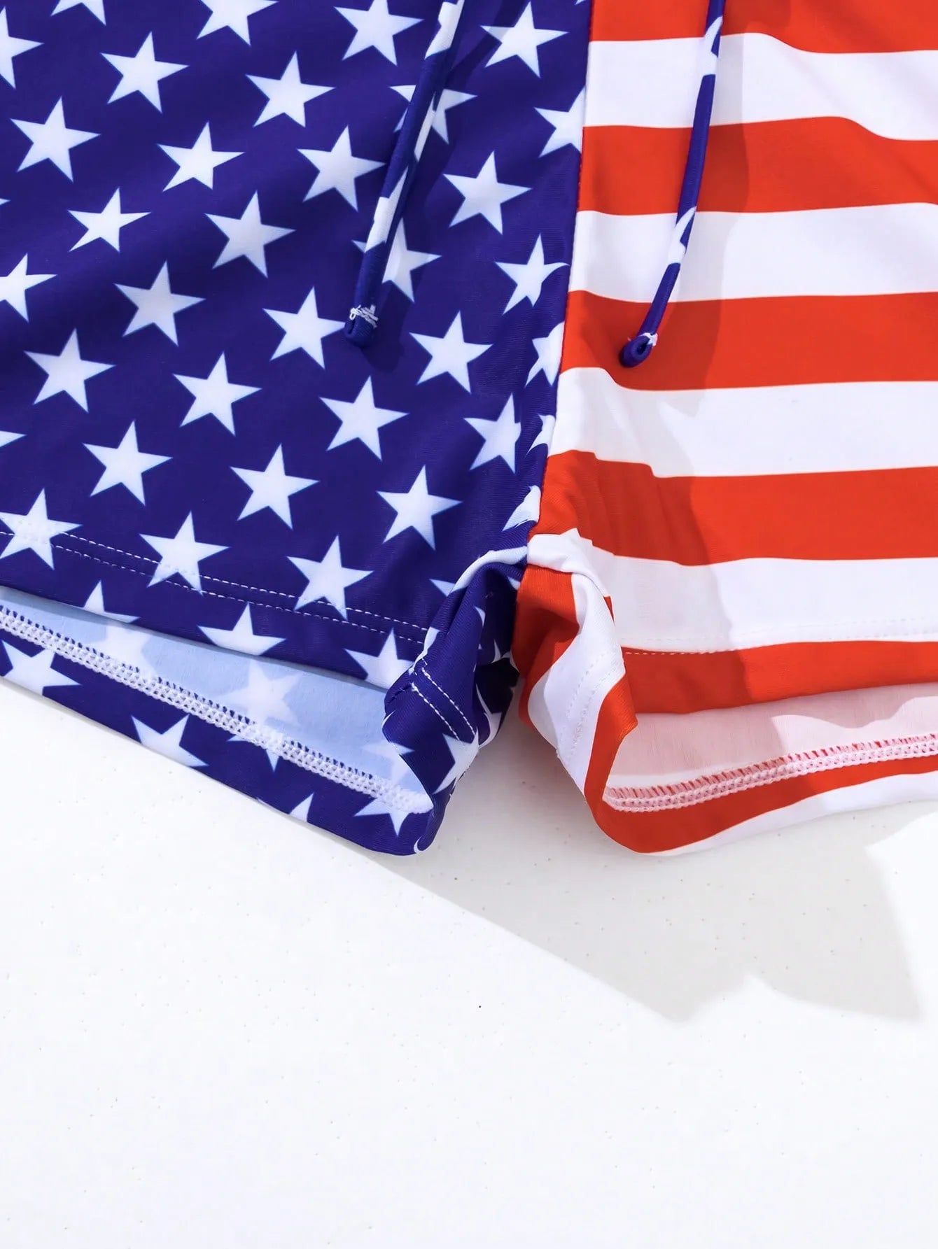 Women's high waist boxer swimsuit with drawstring waistband and red white blue stars and stripes pattern