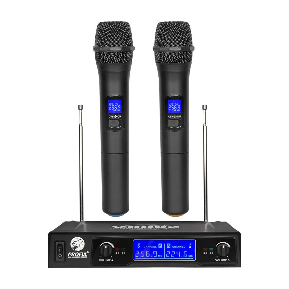 Black V-3002 wireless handheld microphone set with two mics and a transmitter on a dark surface.