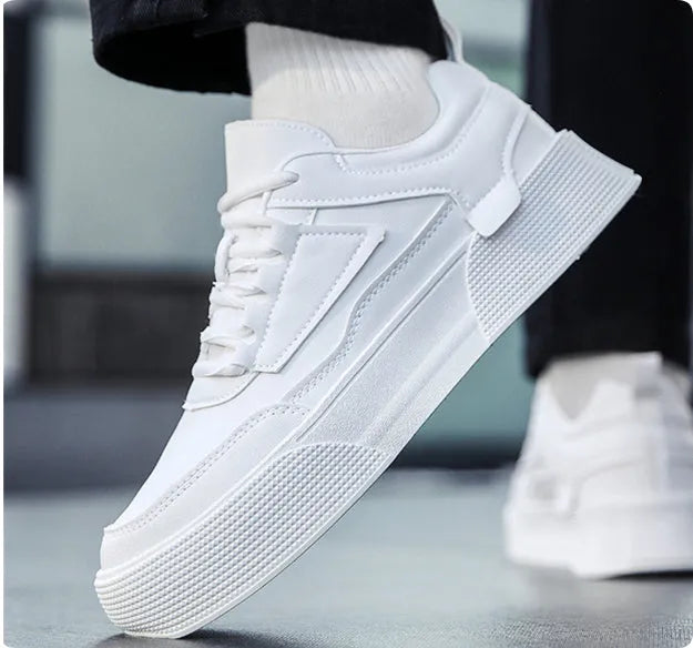 Men's casual sports shoes, artificial PU upper, lace-up round toe flat heel, solid colour ZK802 White