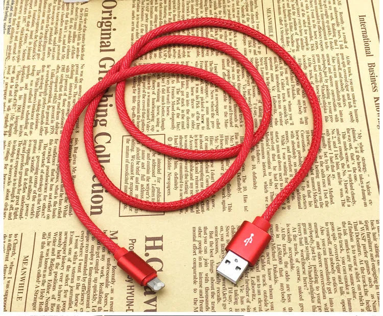 Cowboy-style denim USB Type-C charging cable with aluminium connectors in black, blue, and red colour options