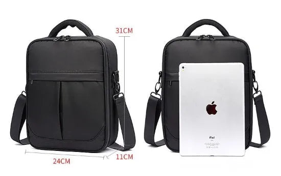 Black men's messenger shoulder bag made from Oxford fabric, showing its structured form.
