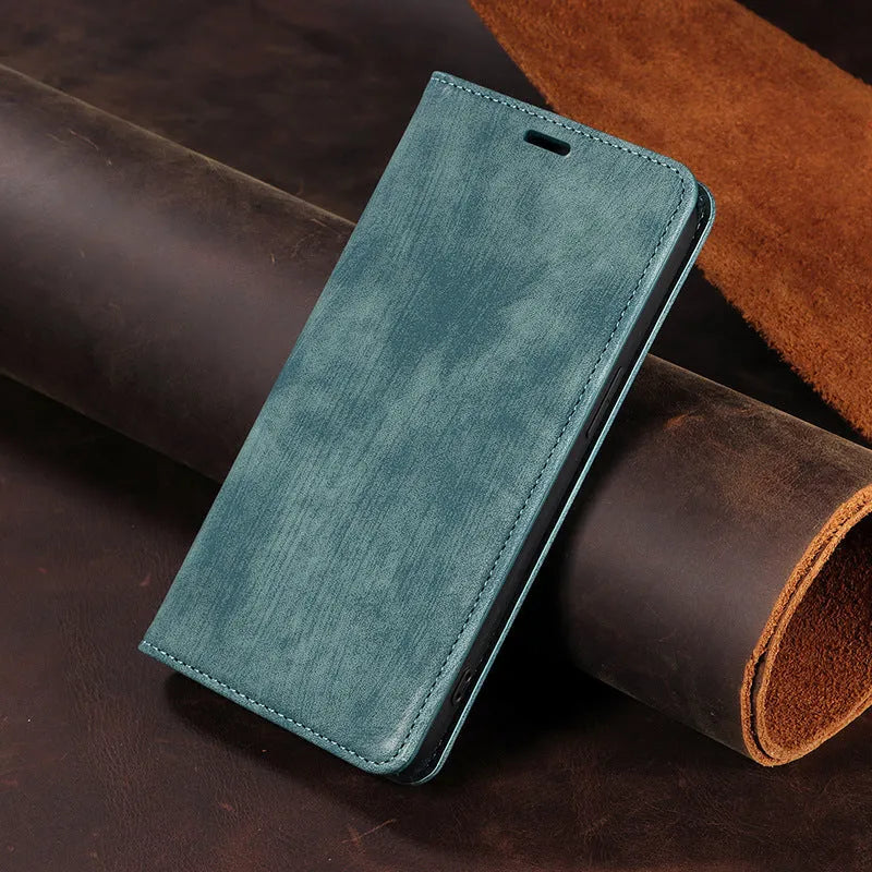 Magnetic leather flip phone case for iPhone in solid colours showing front and back views.