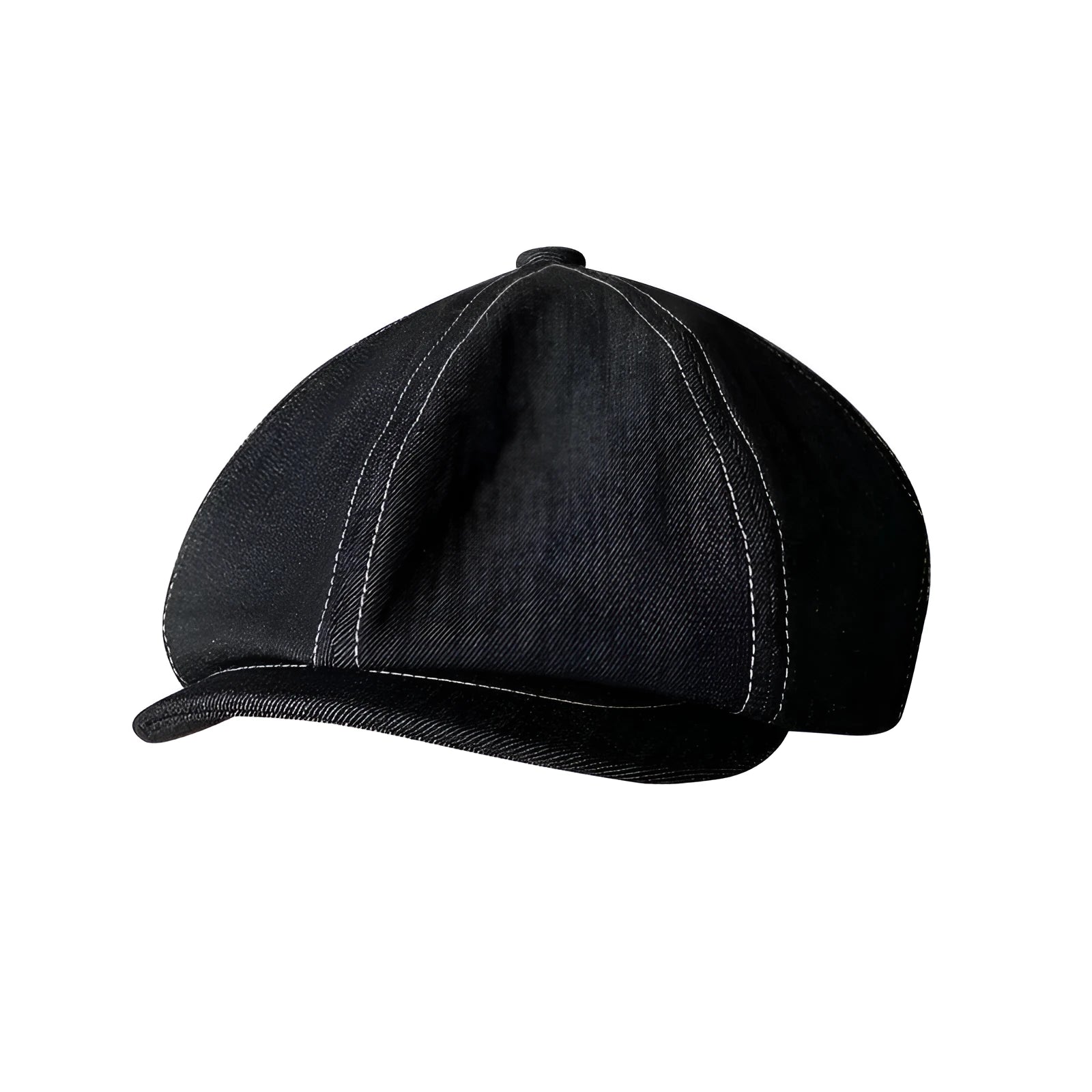 Black cotton Japanese denim beret hat with retro octagonal design shown on adult model