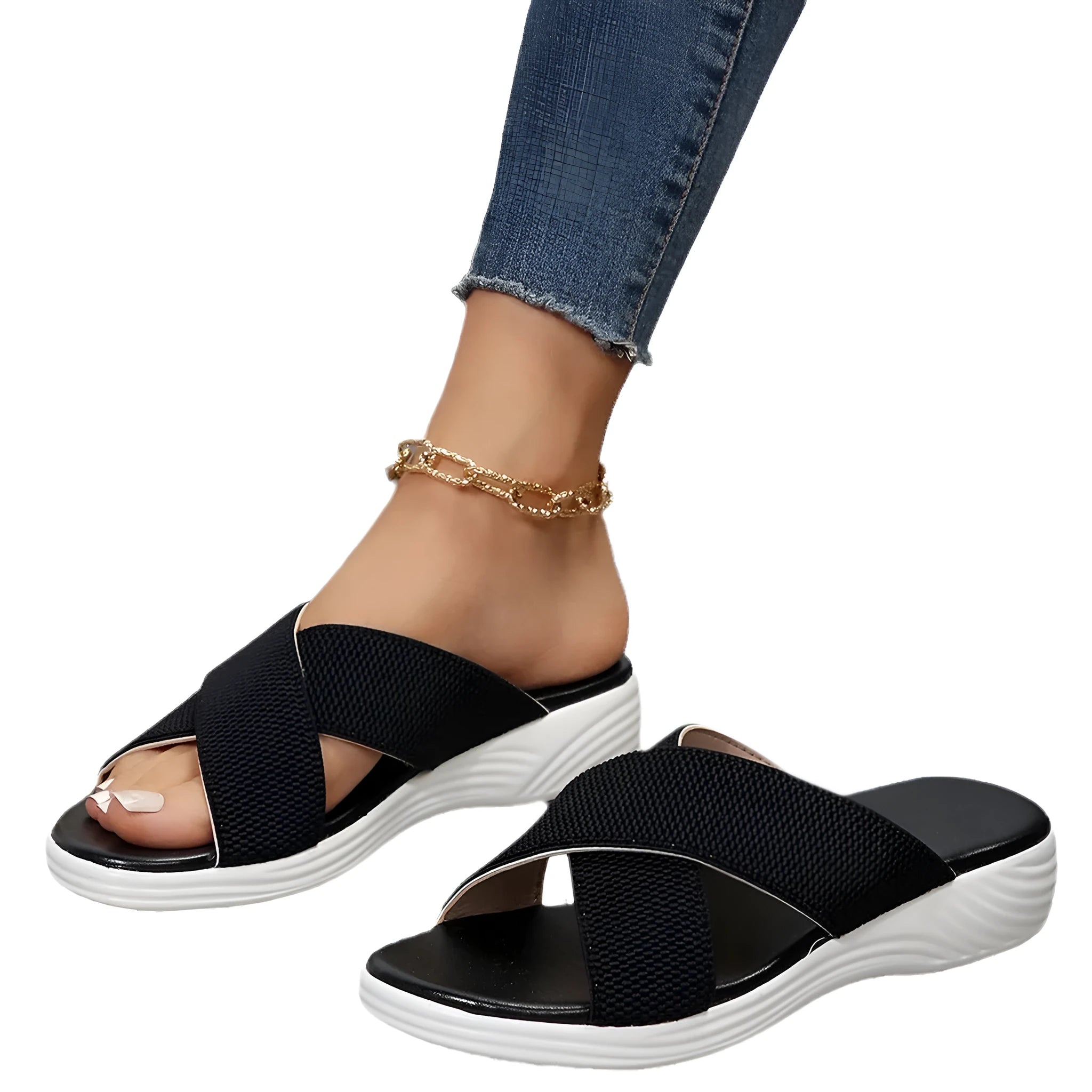 Women's black wedge slippers with a cross strap and peep-toe open front on a thick rubber sole.