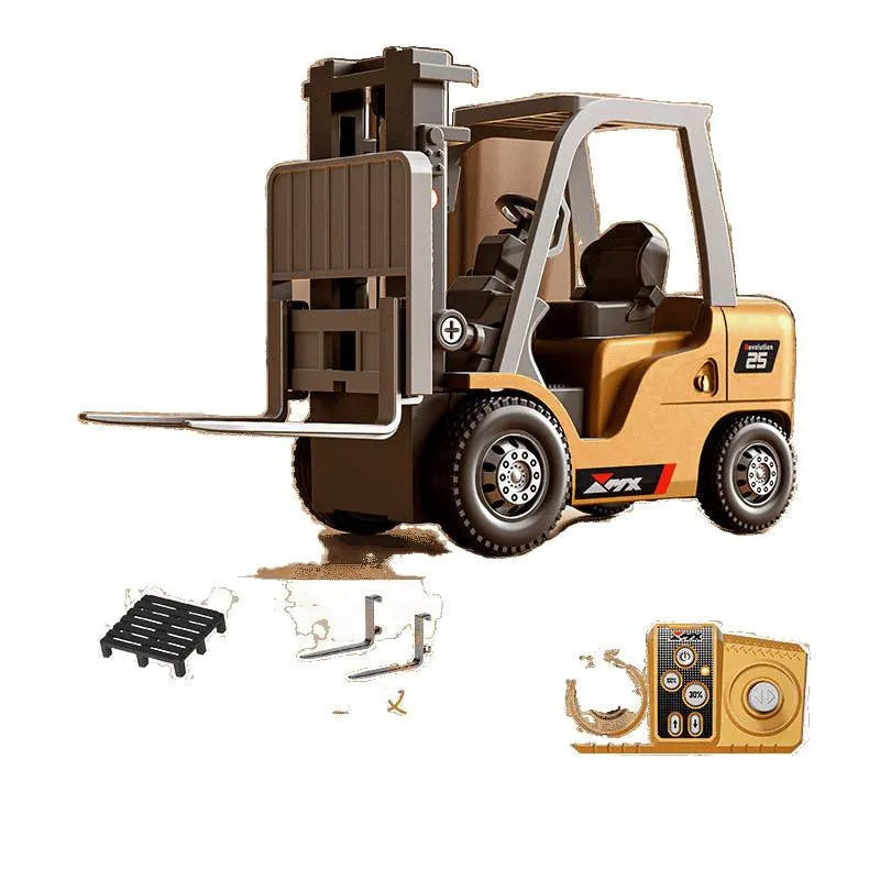 Mini alloy forklift remote control car toy with Bluetooth remote and cargo accessories on pallet