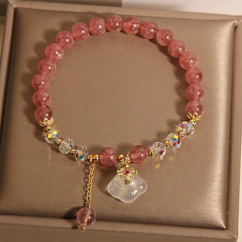 Women's adjustable strawberry quartz and white agate crystal bracelet with auspicious clouds pattern