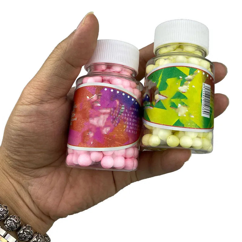 European Style Carp Silo Fishing Floating Foam Bait Granular Soft Beads Yellow Fruit Sweet and Pink Smell Colours Small 4-6mm or Large 7-9mm Grains for Carp Fishing Baiting
