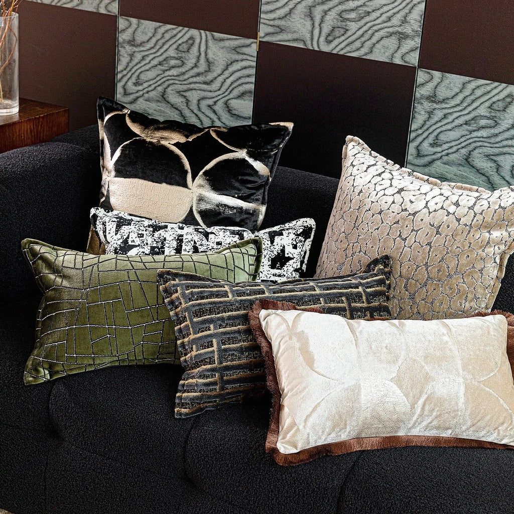 Abstract pattern black and gold flannel decorative cushion with removable cover.