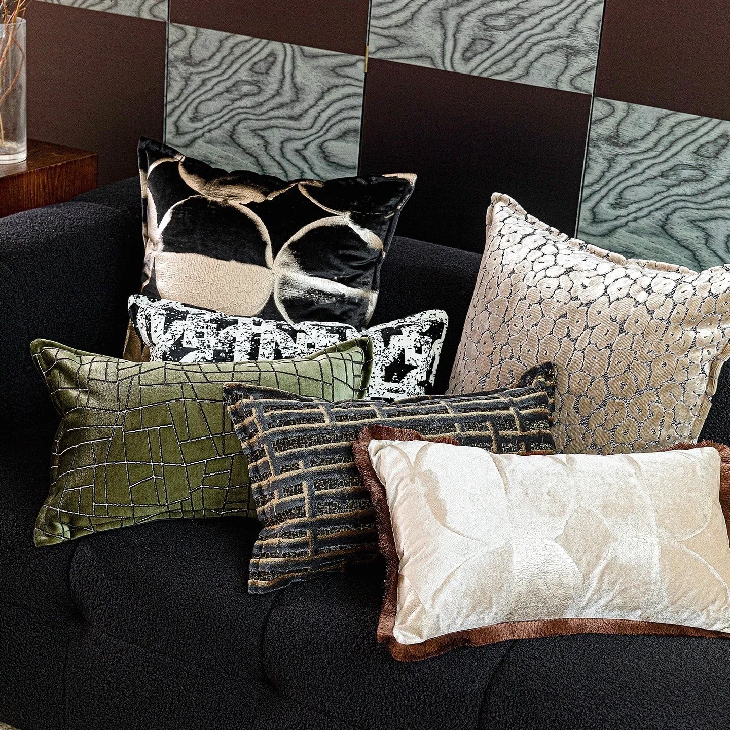 Abstract pattern black and gold flannel decorative cushion with removable cover.