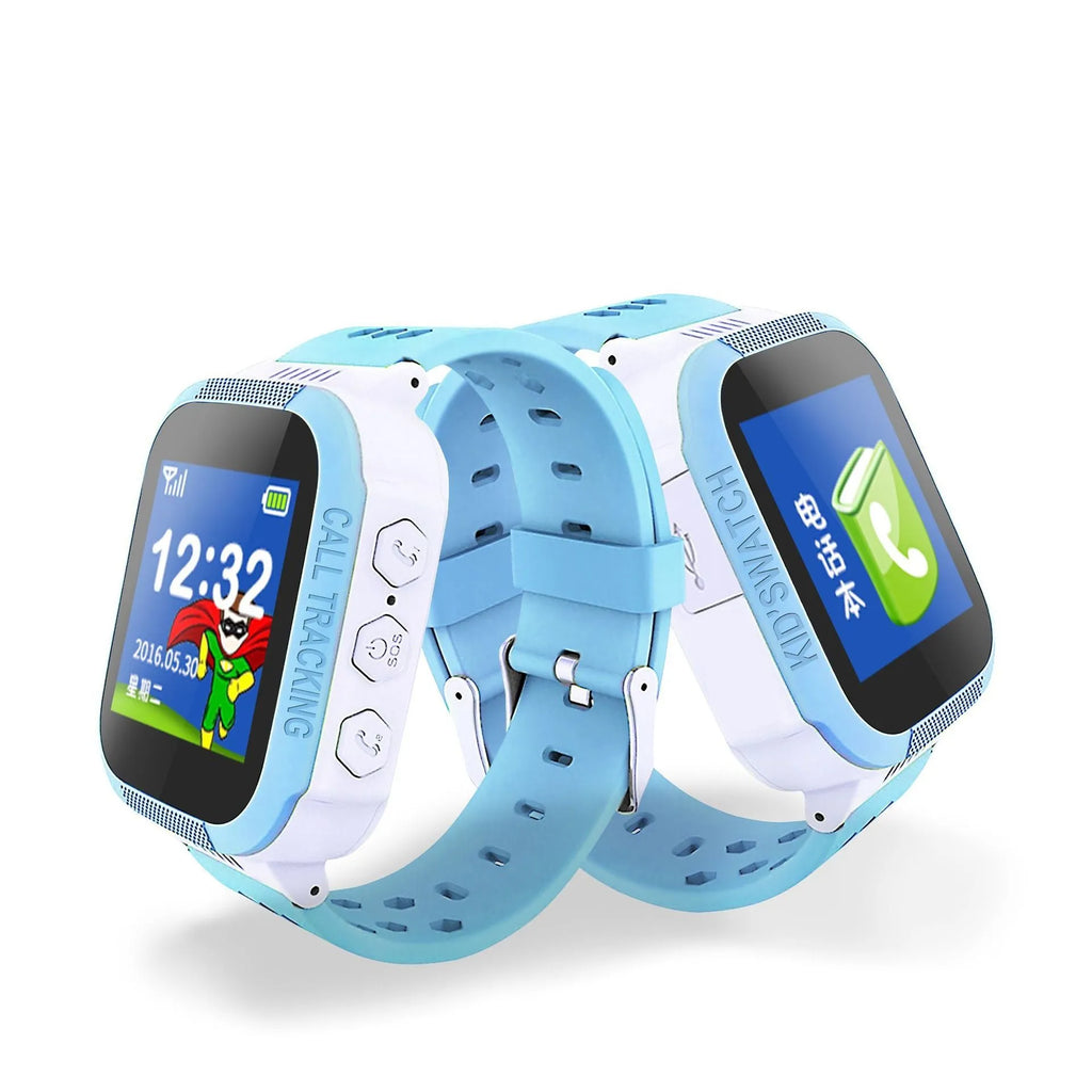 Blue children's phone watch with 1.44-inch IPS touchscreen displaying Chinese interface