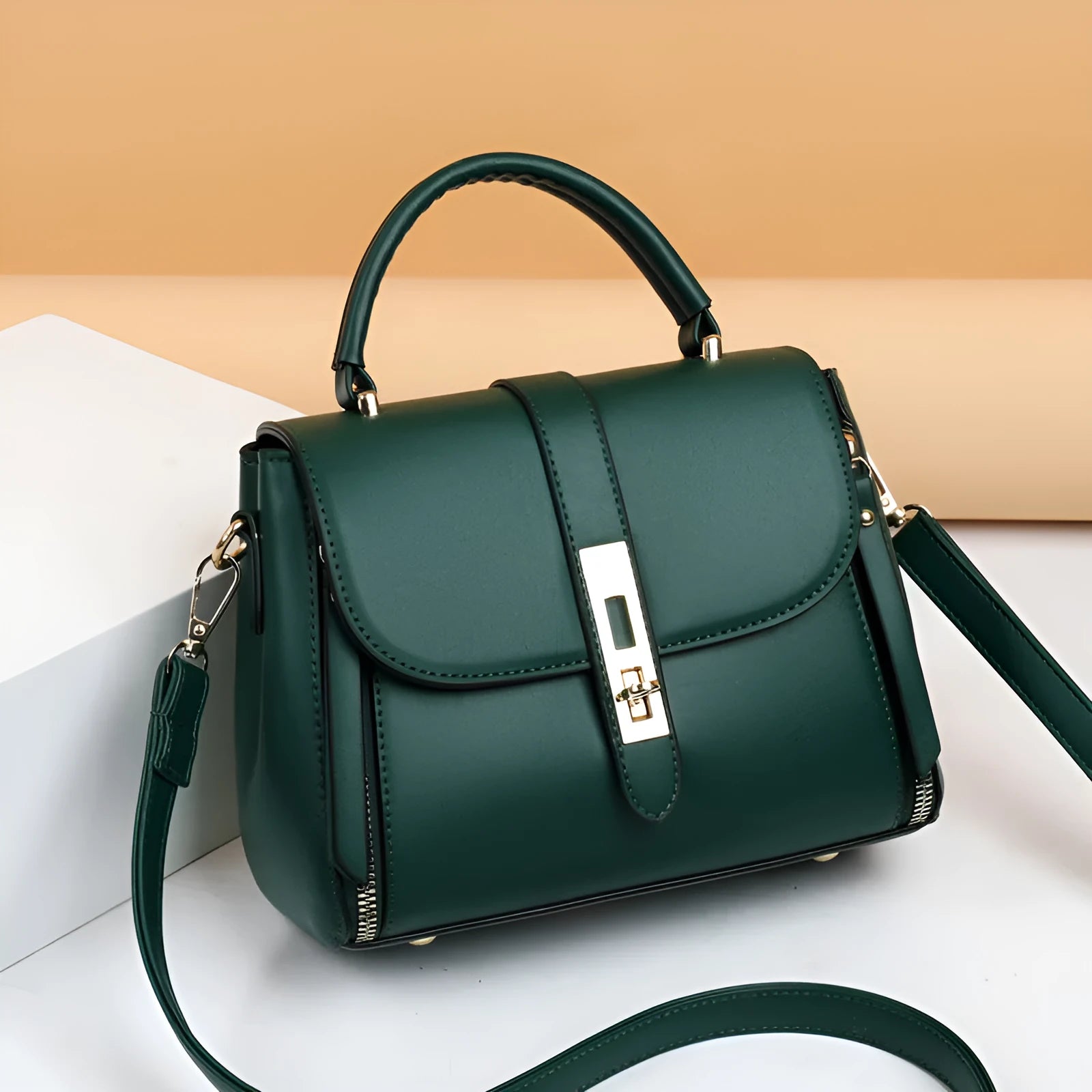 Soft leather women's messenger bag in square vertical design with shoulder strap