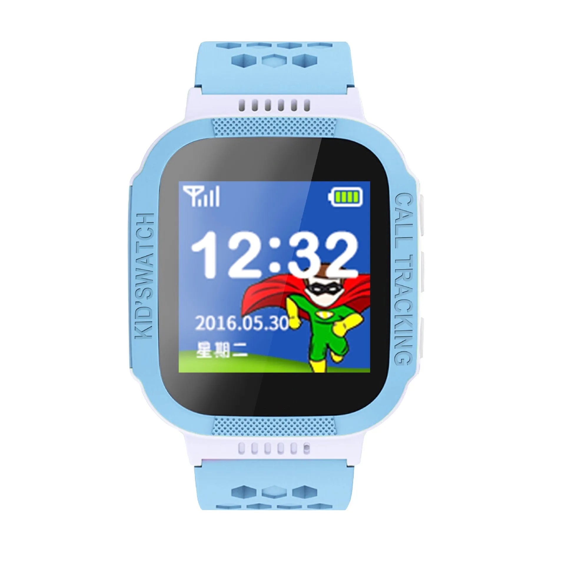 Blue children's phone watch with 1.44-inch IPS touchscreen displaying Chinese interface