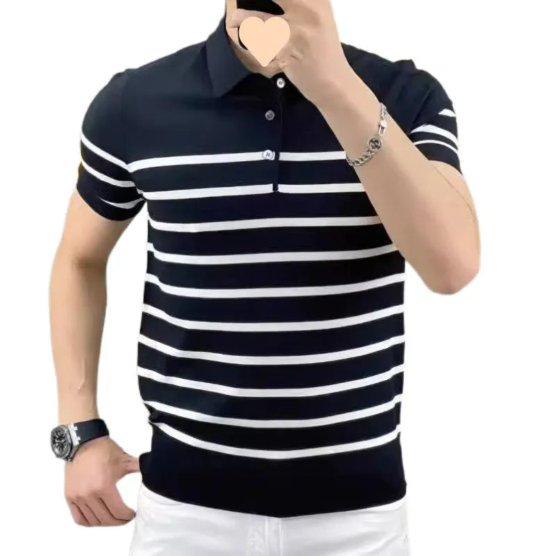 Black and white striped men's knitted T-shirt with a lapel collar, laid flat.