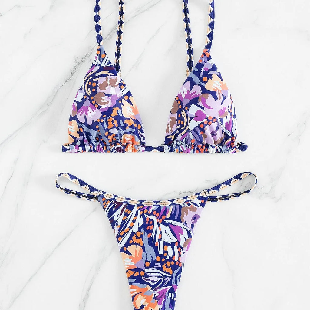 Women's floral print triangle swimsuit in polyester fabric with briefs style cut