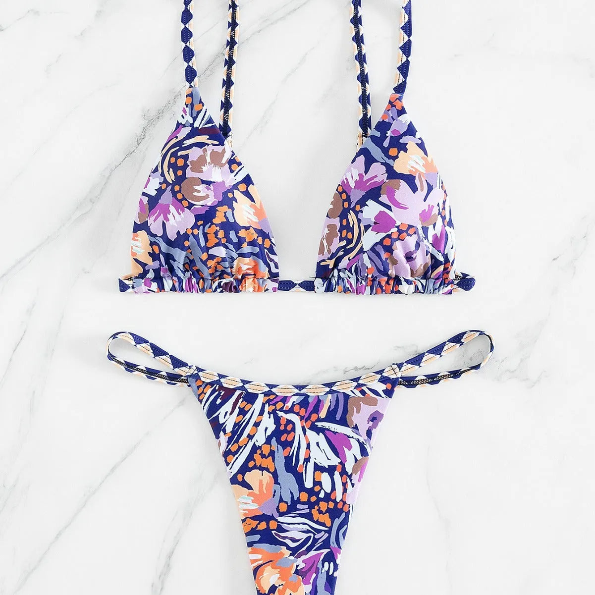 Women's floral print triangle swimsuit in polyester fabric with briefs style cut