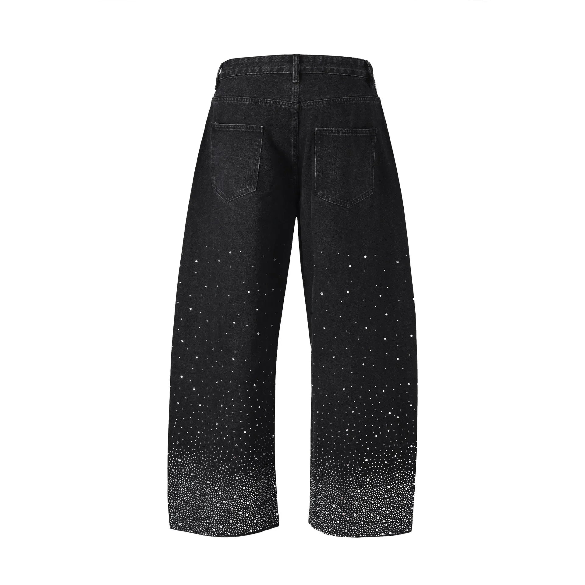 Blue loose-fitting wide-leg cotton trousers on a hanger, showing the relaxed silhouette.