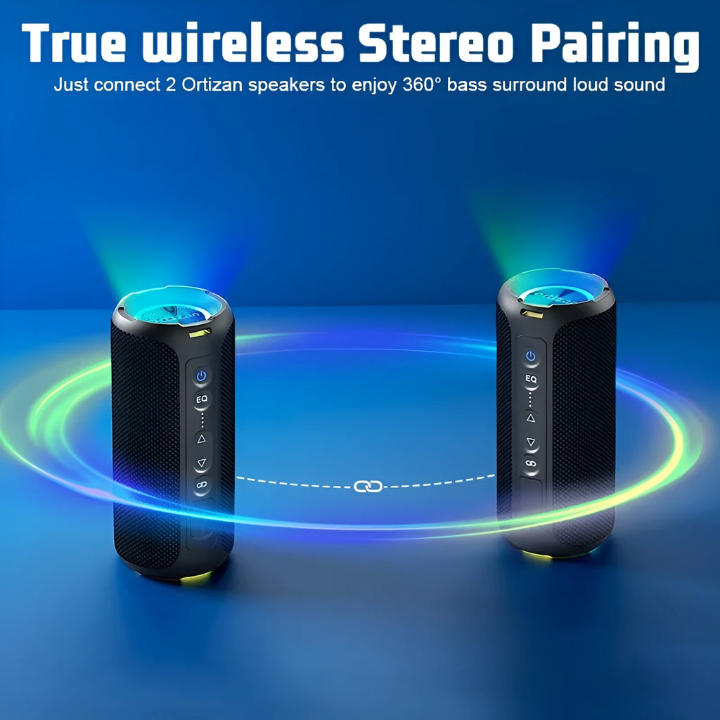 Black and blue fabric wireless Bluetooth speaker with 40W output, card slot, and lighting